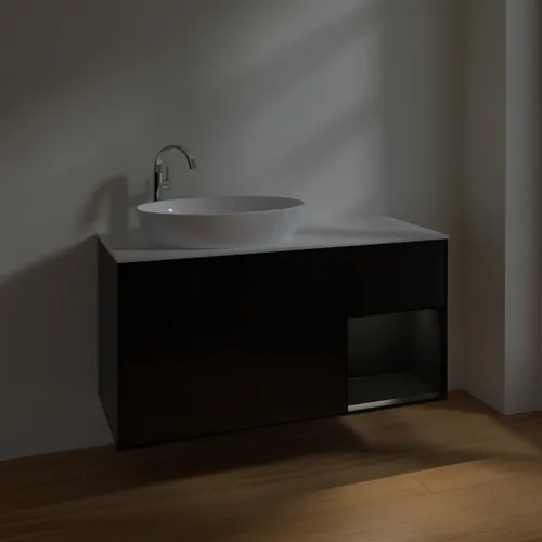Bild von VILLEROY BOCH Finion Waschbeckenunterschrank, mit Beleuchtung, 3 Auszüge, 1200 x 603 x 501 mm, Black Matt Lacquer / Black Matt Lacquer / Glass White Matt #F931PDPD
