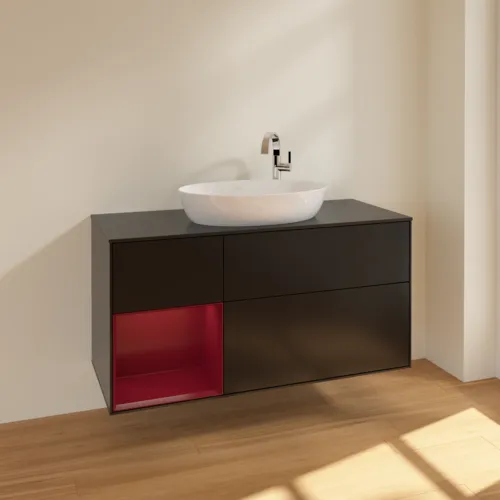 Bild von VILLEROY BOCH Finion Waschbeckenunterschrank, mit Beleuchtung, 3 Auszüge, 1200 x 603 x 501 mm, Black Matt Lacquer / Peony Matt Lacquer / Glass Black Matt #F942HBPD