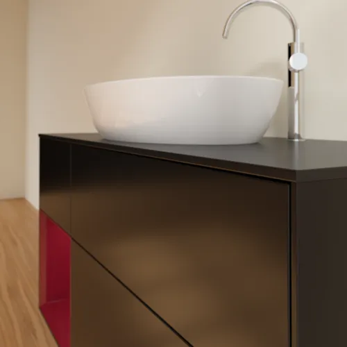 Bild von VILLEROY BOCH Finion Waschbeckenunterschrank, mit Beleuchtung, 3 Auszüge, 1200 x 603 x 501 mm, Black Matt Lacquer / Peony Matt Lacquer / Glass Black Matt #F942HBPD