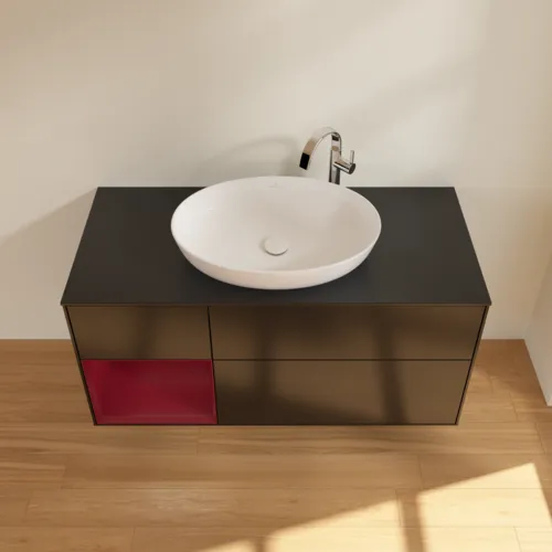 Bild von VILLEROY BOCH Finion Waschbeckenunterschrank, mit Beleuchtung, 3 Auszüge, 1200 x 603 x 501 mm, Black Matt Lacquer / Peony Matt Lacquer / Glass Black Matt #F942HBPD