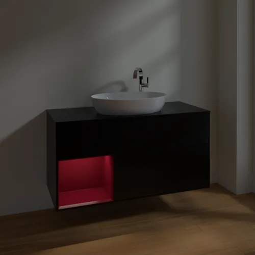 Bild von VILLEROY BOCH Finion Waschbeckenunterschrank, mit Beleuchtung, 3 Auszüge, 1200 x 603 x 501 mm, Black Matt Lacquer / Peony Matt Lacquer / Glass Black Matt #F942HBPD