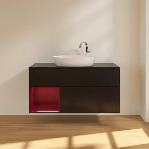 Bild von VILLEROY BOCH Finion Waschbeckenunterschrank, mit Beleuchtung, 3 Auszüge, 1200 x 603 x 501 mm, Black Matt Lacquer / Peony Matt Lacquer / Glass Black Matt #F942HBPD