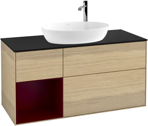 Picture of VILLEROY BOCH Finion Vanity unit, with lighting, 3 pull-out compartments, 1200 x 603 x 501 mm, Oak Veneer / Peony Matt Lacquer / Glass Black Matt #F942HBPC