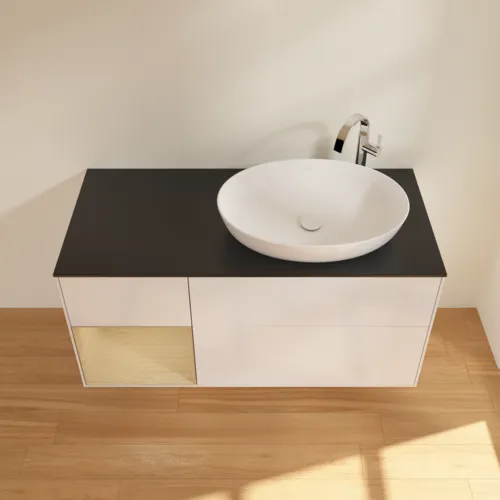 Bild von VILLEROY BOCH Finion Waschbeckenunterschrank, mit Beleuchtung, 3 Auszüge, 1200 x 603 x 501 mm, Glossy White Lacquer / Oak Veneer / Glass Black Matt #F922PCGF