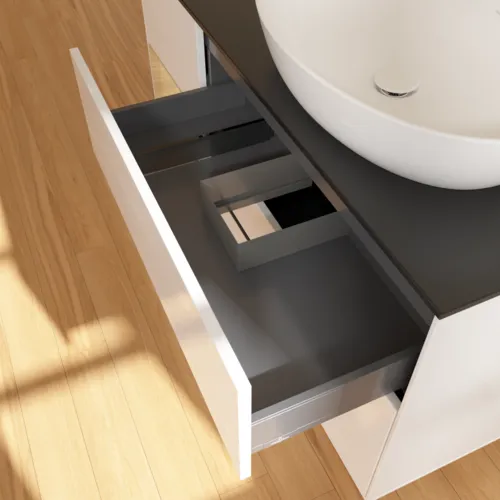 Bild von VILLEROY BOCH Finion Waschbeckenunterschrank, mit Beleuchtung, 3 Auszüge, 1200 x 603 x 501 mm, Glossy White Lacquer / Oak Veneer / Glass Black Matt #F922PCGF