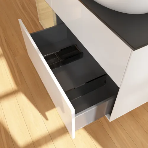 Bild von VILLEROY BOCH Finion Waschbeckenunterschrank, mit Beleuchtung, 3 Auszüge, 1200 x 603 x 501 mm, Glossy White Lacquer / Oak Veneer / Glass Black Matt #F922PCGF