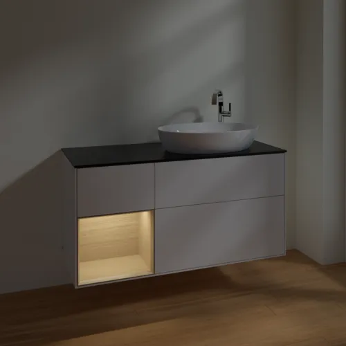 Bild von VILLEROY BOCH Finion Waschbeckenunterschrank, mit Beleuchtung, 3 Auszüge, 1200 x 603 x 501 mm, Glossy White Lacquer / Oak Veneer / Glass Black Matt #F922PCGF