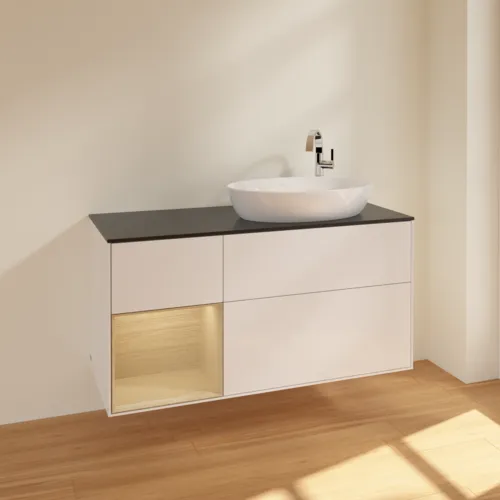 Bild von VILLEROY BOCH Finion Waschbeckenunterschrank, mit Beleuchtung, 3 Auszüge, 1200 x 603 x 501 mm, Glossy White Lacquer / Oak Veneer / Glass Black Matt #F922PCGF
