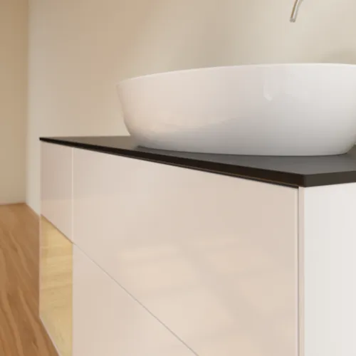 Bild von VILLEROY BOCH Finion Waschbeckenunterschrank, mit Beleuchtung, 3 Auszüge, 1200 x 603 x 501 mm, Glossy White Lacquer / Oak Veneer / Glass Black Matt #F922PCGF