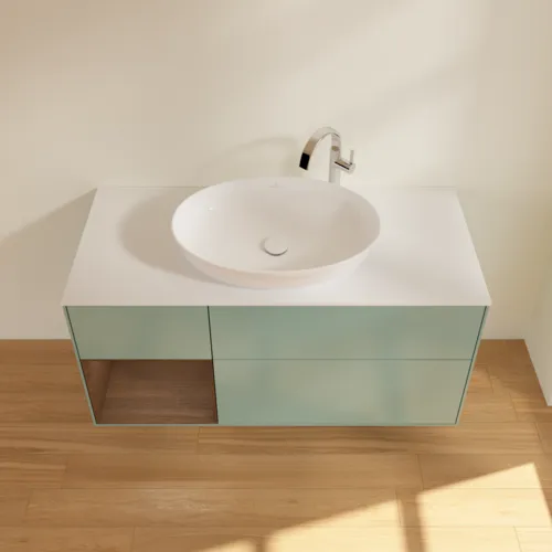 Bild von VILLEROY BOCH Finion Waschbeckenunterschrank, mit Beleuchtung, 3 Auszüge, 1200 x 603 x 501 mm, Olive Matt Lacquer / Walnut Veneer / Glass White Matt #F941GNGM