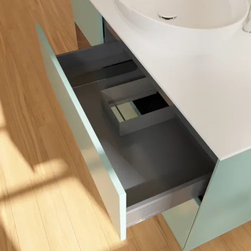 Bild von VILLEROY BOCH Finion Waschbeckenunterschrank, mit Beleuchtung, 3 Auszüge, 1200 x 603 x 501 mm, Olive Matt Lacquer / Walnut Veneer / Glass White Matt #F941GNGM