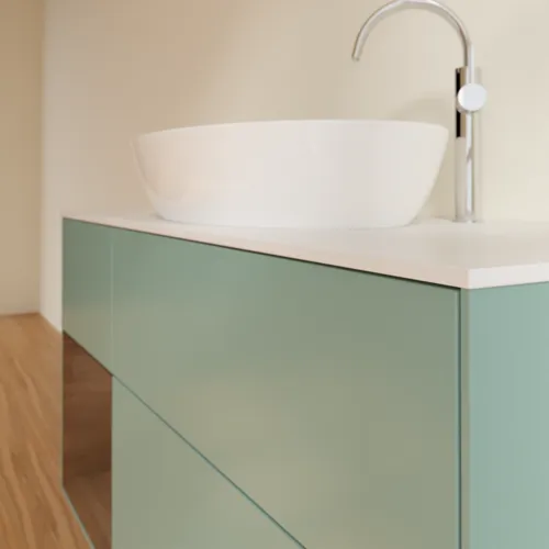 Bild von VILLEROY BOCH Finion Waschbeckenunterschrank, mit Beleuchtung, 3 Auszüge, 1200 x 603 x 501 mm, Olive Matt Lacquer / Walnut Veneer / Glass White Matt #F941GNGM