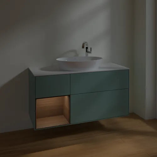Bild von VILLEROY BOCH Finion Waschbeckenunterschrank, mit Beleuchtung, 3 Auszüge, 1200 x 603 x 501 mm, Olive Matt Lacquer / Walnut Veneer / Glass White Matt #F941GNGM