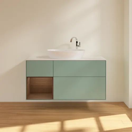 Bild von VILLEROY BOCH Finion Waschbeckenunterschrank, mit Beleuchtung, 3 Auszüge, 1200 x 603 x 501 mm, Olive Matt Lacquer / Walnut Veneer / Glass White Matt #F941GNGM