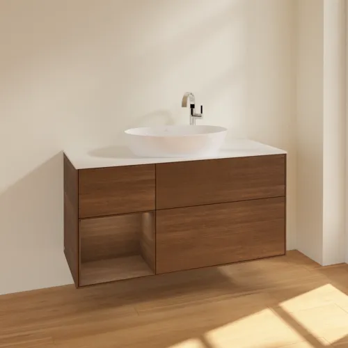 VILLEROY BOCH Finion Waschbeckenunterschrank, mit Beleuchtung, 3 Auszüge, 1200 x 603 x 501 mm, Walnut Veneer / Walnut Veneer / Glass White Matt #F941GNGN, Bild 2