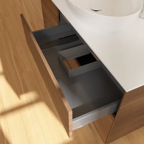 VILLEROY BOCH Finion Waschbeckenunterschrank, mit Beleuchtung, 3 Auszüge, 1200 x 603 x 501 mm, Walnut Veneer / Walnut Veneer / Glass White Matt #F941GNGN, Bild 8