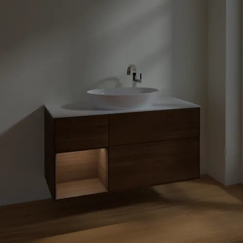 VILLEROY BOCH Finion Waschbeckenunterschrank, mit Beleuchtung, 3 Auszüge, 1200 x 603 x 501 mm, Walnut Veneer / Walnut Veneer / Glass White Matt #F941GNGN, Bild 5