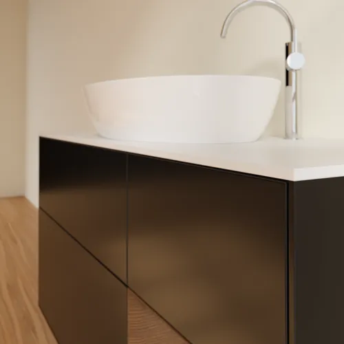 Bild von VILLEROY BOCH Finion Waschbeckenunterschrank, mit Beleuchtung, 3 Auszüge, 1200 x 603 x 501 mm, Black Matt Lacquer / Walnut Veneer / Glass White Matt #F951GNPD