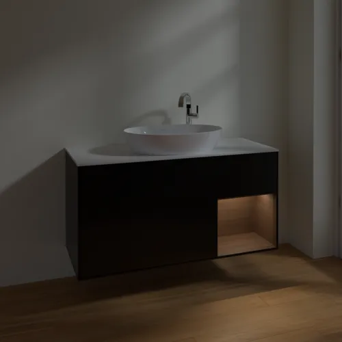 Bild von VILLEROY BOCH Finion Waschbeckenunterschrank, mit Beleuchtung, 3 Auszüge, 1200 x 603 x 501 mm, Black Matt Lacquer / Walnut Veneer / Glass White Matt #F951GNPD