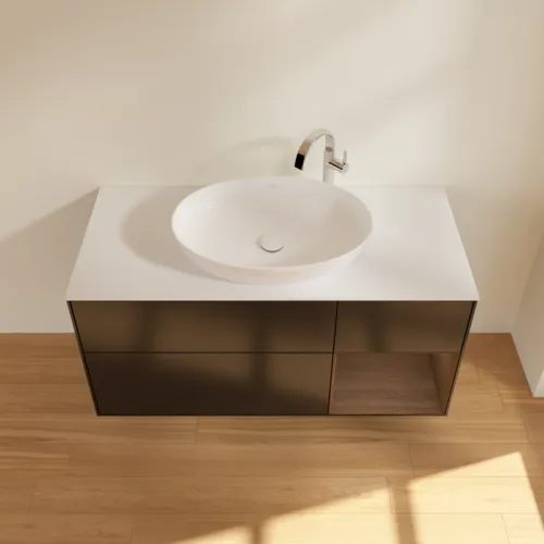 Bild von VILLEROY BOCH Finion Waschbeckenunterschrank, mit Beleuchtung, 3 Auszüge, 1200 x 603 x 501 mm, Black Matt Lacquer / Walnut Veneer / Glass White Matt #F951GNPD