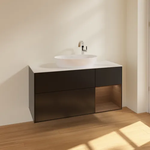 Bild von VILLEROY BOCH Finion Waschbeckenunterschrank, mit Beleuchtung, 3 Auszüge, 1200 x 603 x 501 mm, Black Matt Lacquer / Walnut Veneer / Glass White Matt #F951GNPD