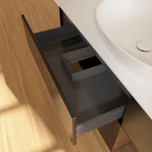 Bild von VILLEROY BOCH Finion Waschbeckenunterschrank, mit Beleuchtung, 3 Auszüge, 1200 x 603 x 501 mm, Black Matt Lacquer / Walnut Veneer / Glass White Matt #F951GNPD