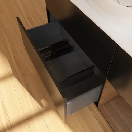 Bild von VILLEROY BOCH Finion Waschbeckenunterschrank, mit Beleuchtung, 3 Auszüge, 1200 x 603 x 501 mm, Black Matt Lacquer / Walnut Veneer / Glass White Matt #F951GNPD