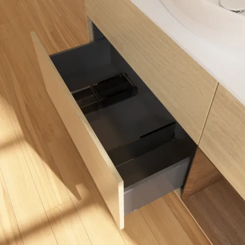 Bild von VILLEROY BOCH Finion Waschbeckenunterschrank, mit Beleuchtung, 3 Auszüge, 1200 x 603 x 501 mm, Oak Veneer / Walnut Veneer / Glass White Matt #F951GNPC