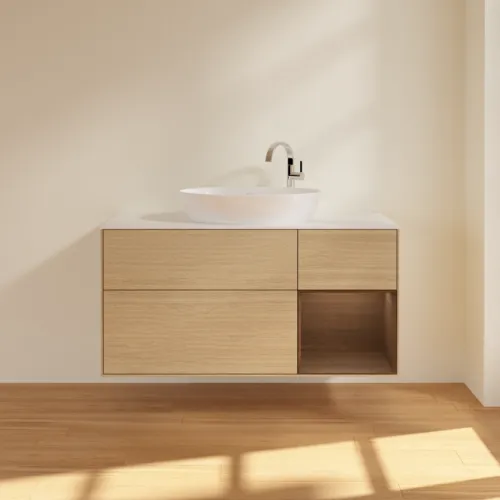Bild von VILLEROY BOCH Finion Waschbeckenunterschrank, mit Beleuchtung, 3 Auszüge, 1200 x 603 x 501 mm, Oak Veneer / Walnut Veneer / Glass White Matt #F951GNPC