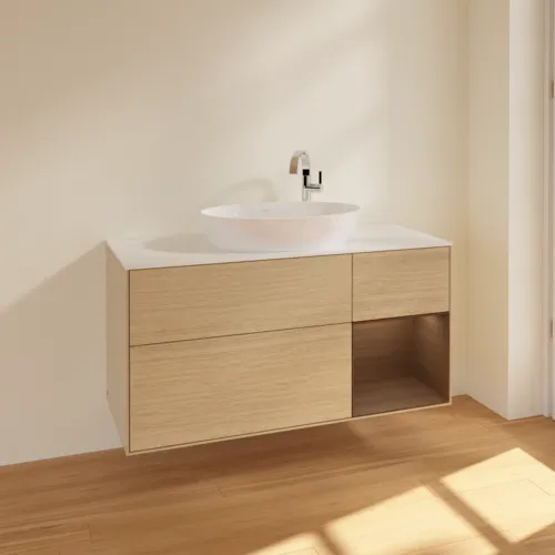 Bild von VILLEROY BOCH Finion Waschbeckenunterschrank, mit Beleuchtung, 3 Auszüge, 1200 x 603 x 501 mm, Oak Veneer / Walnut Veneer / Glass White Matt #F951GNPC