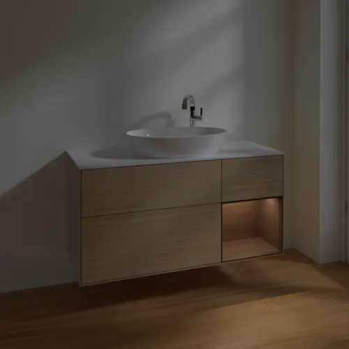 Bild von VILLEROY BOCH Finion Waschbeckenunterschrank, mit Beleuchtung, 3 Auszüge, 1200 x 603 x 501 mm, Oak Veneer / Walnut Veneer / Glass White Matt #F951GNPC