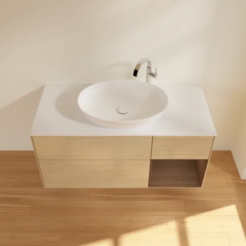 Bild von VILLEROY BOCH Finion Waschbeckenunterschrank, mit Beleuchtung, 3 Auszüge, 1200 x 603 x 501 mm, Oak Veneer / Walnut Veneer / Glass White Matt #F951GNPC