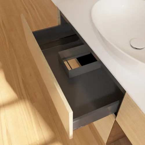 Bild von VILLEROY BOCH Finion Waschbeckenunterschrank, mit Beleuchtung, 3 Auszüge, 1200 x 603 x 501 mm, Oak Veneer / Walnut Veneer / Glass White Matt #F951GNPC