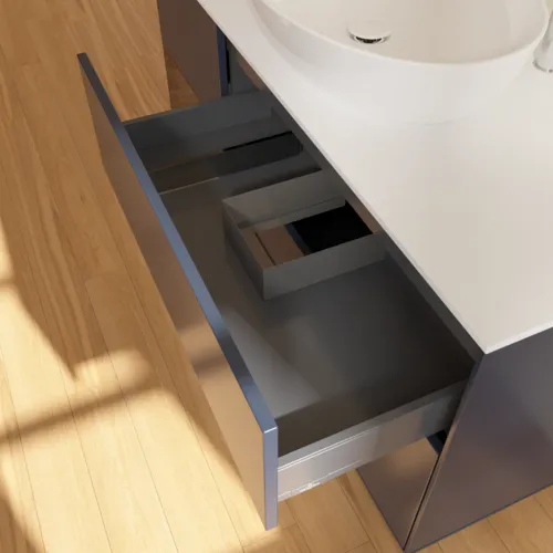 Bild von VILLEROY BOCH Finion Waschbeckenunterschrank, mit Beleuchtung, 3 Auszüge, 1200 x 603 x 501 mm, Midnight Blue Matt Lacquer / Walnut Veneer / Glass White Matt #F941GNHG