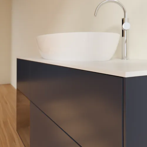 Bild von VILLEROY BOCH Finion Waschbeckenunterschrank, mit Beleuchtung, 3 Auszüge, 1200 x 603 x 501 mm, Midnight Blue Matt Lacquer / Walnut Veneer / Glass White Matt #F941GNHG