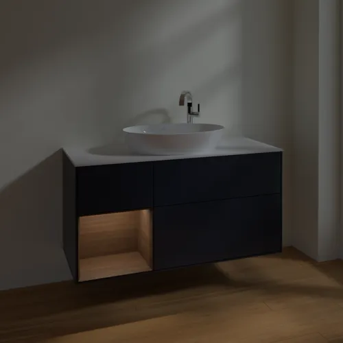 Bild von VILLEROY BOCH Finion Waschbeckenunterschrank, mit Beleuchtung, 3 Auszüge, 1200 x 603 x 501 mm, Midnight Blue Matt Lacquer / Walnut Veneer / Glass White Matt #F941GNHG