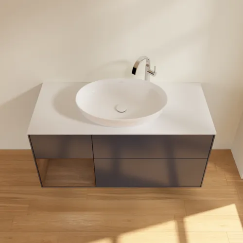 Bild von VILLEROY BOCH Finion Waschbeckenunterschrank, mit Beleuchtung, 3 Auszüge, 1200 x 603 x 501 mm, Midnight Blue Matt Lacquer / Walnut Veneer / Glass White Matt #F941GNHG