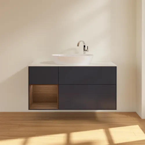 Bild von VILLEROY BOCH Finion Waschbeckenunterschrank, mit Beleuchtung, 3 Auszüge, 1200 x 603 x 501 mm, Midnight Blue Matt Lacquer / Walnut Veneer / Glass White Matt #F941GNHG