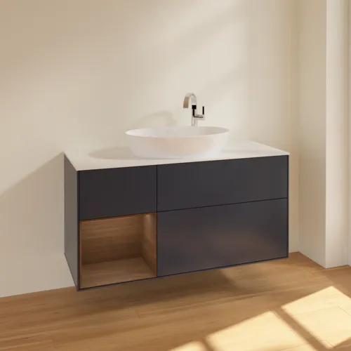 Bild von VILLEROY BOCH Finion Waschbeckenunterschrank, mit Beleuchtung, 3 Auszüge, 1200 x 603 x 501 mm, Midnight Blue Matt Lacquer / Walnut Veneer / Glass White Matt #F941GNHG