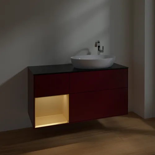 Obrázek VILLEROY BOCH Finion Vanity unit, with lighting, 3 pull-out compartments, 1200 x 603 x 501 mm, Peony Matt Lacquer / Gold Matt Lacquer / Glass Black Matt #F922HFHB