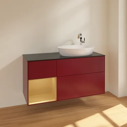 Obrázek VILLEROY BOCH Finion Vanity unit, with lighting, 3 pull-out compartments, 1200 x 603 x 501 mm, Peony Matt Lacquer / Gold Matt Lacquer / Glass Black Matt #F922HFHB