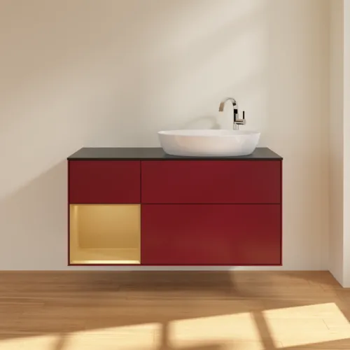 Obrázek VILLEROY BOCH Finion Vanity unit, with lighting, 3 pull-out compartments, 1200 x 603 x 501 mm, Peony Matt Lacquer / Gold Matt Lacquer / Glass Black Matt #F922HFHB
