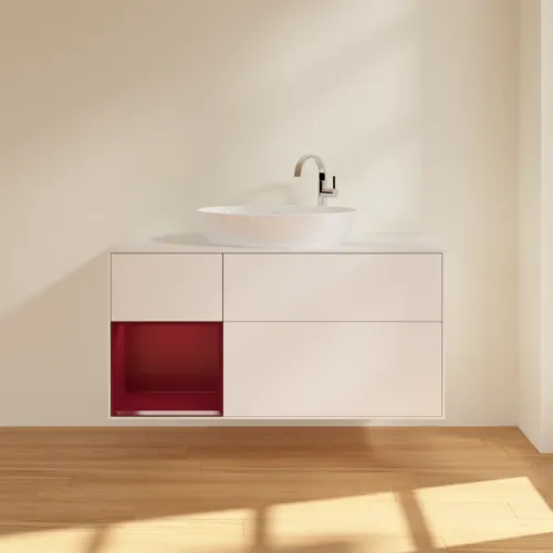Bild von VILLEROY BOCH Finion Waschbeckenunterschrank, mit Beleuchtung, 3 Auszüge, 1200 x 603 x 501 mm, White Matt Lacquer / Peony Matt Lacquer / Glass White Matt #F941HBMT