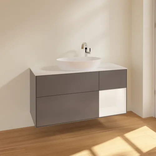Bild von VILLEROY BOCH Finion Waschbeckenunterschrank, mit Beleuchtung, 3 Auszüge, 1200 x 603 x 501 mm, Anthracite Matt Lacquer / White Matt Lacquer / Glass White Matt #F951MTGK