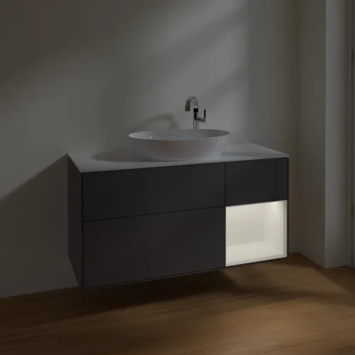 Bild von VILLEROY BOCH Finion Waschbeckenunterschrank, mit Beleuchtung, 3 Auszüge, 1200 x 603 x 501 mm, Anthracite Matt Lacquer / White Matt Lacquer / Glass White Matt #F951MTGK