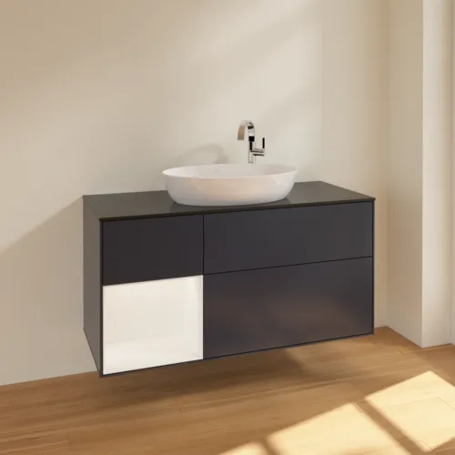 Bild von VILLEROY BOCH Finion Waschbeckenunterschrank, mit Beleuchtung, 3 Auszüge, 1200 x 603 x 501 mm, Midnight Blue Matt Lacquer / White Matt Lacquer / Glass Black Matt #F942MTHG
