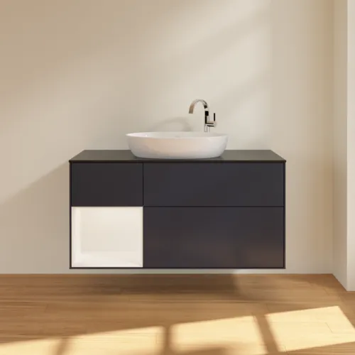 Bild von VILLEROY BOCH Finion Waschbeckenunterschrank, mit Beleuchtung, 3 Auszüge, 1200 x 603 x 501 mm, Midnight Blue Matt Lacquer / White Matt Lacquer / Glass Black Matt #F942MTHG