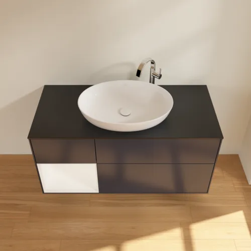 Bild von VILLEROY BOCH Finion Waschbeckenunterschrank, mit Beleuchtung, 3 Auszüge, 1200 x 603 x 501 mm, Midnight Blue Matt Lacquer / White Matt Lacquer / Glass Black Matt #F942MTHG
