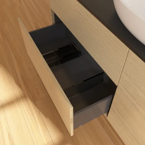 VILLEROY BOCH Finion Waschbeckenunterschrank, 4 Auszüge, 1600 x 603 x 501 mm, Oak Veneer / Glass Black Matt #F97200PC, Bild 6