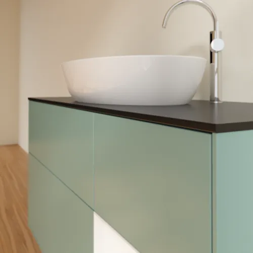 Bild von VILLEROY BOCH Finion Waschbeckenunterschrank, mit Beleuchtung, 3 Auszüge, 1200 x 603 x 501 mm, Olive Matt Lacquer / White Matt Lacquer / Glass Black Matt #F952MTGM